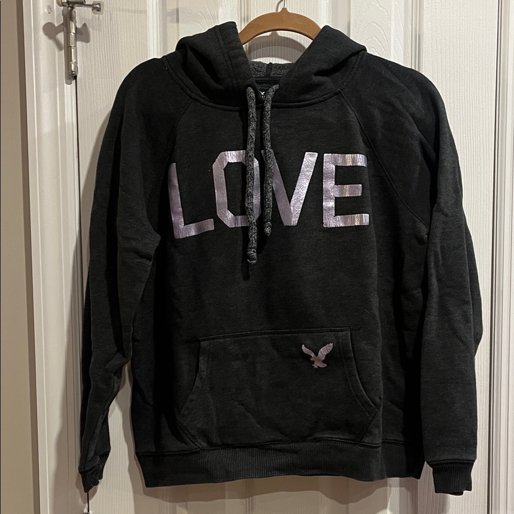 AE Black Hoodie with Love Graphic